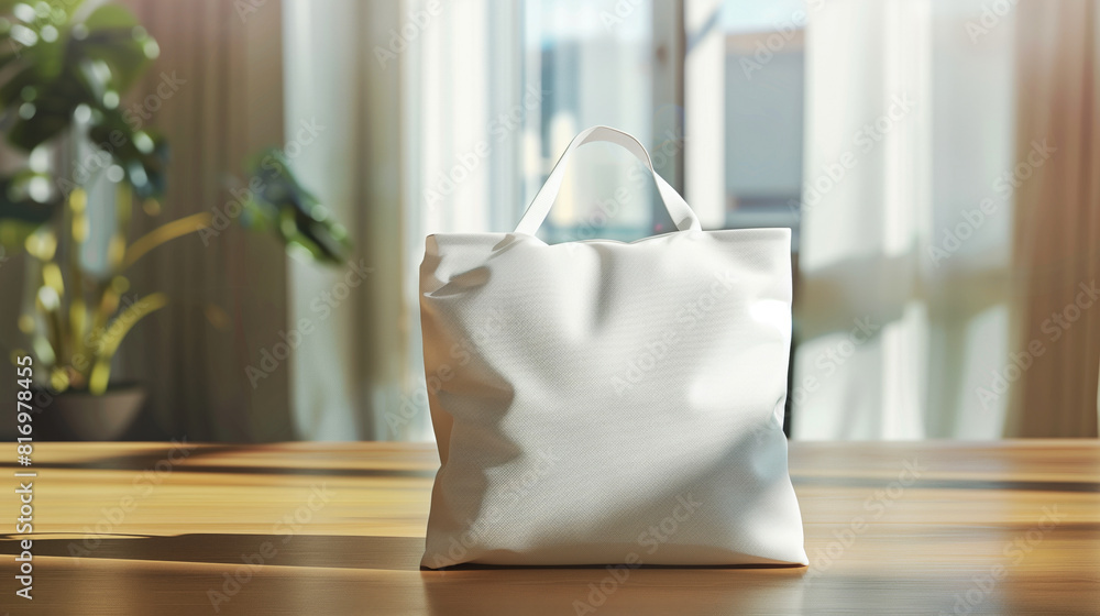 Mockup of a white fabric tote bag on a wooden table in a bright, sunlit room with blurred background elements including plants and window drapery. Mockup of a white fabric tote bag on a wooden table in a bright, sunlit room with blurred background elements including plants and window drapery.