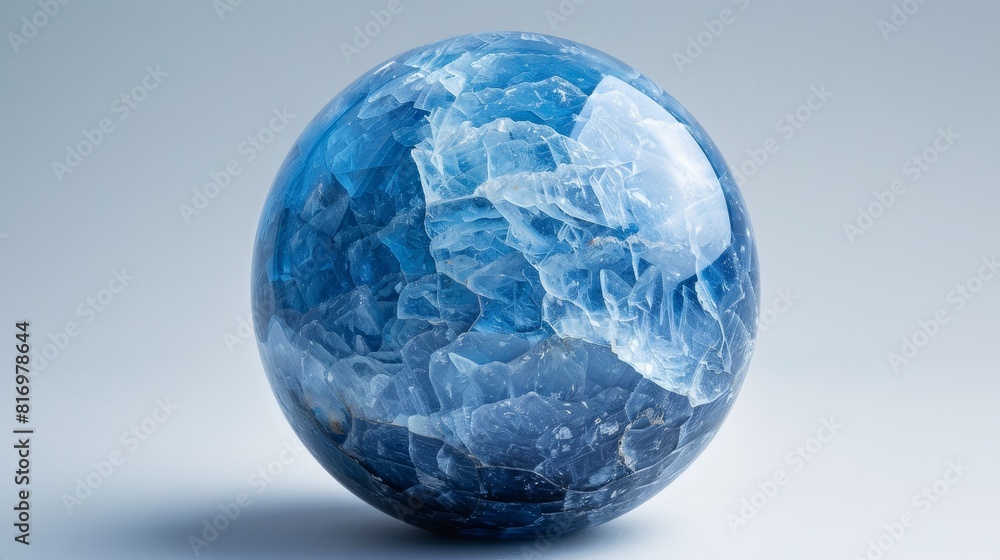 A blue crystal ball sits on a white surface A blue crystal ball sits on a white surface