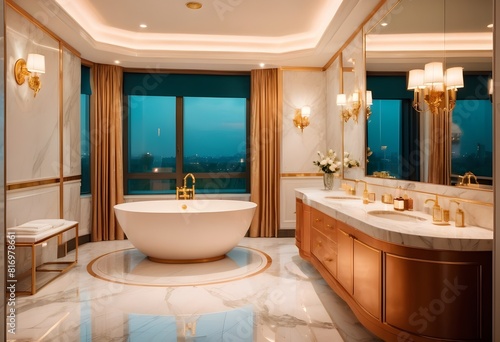 Large Bathroom in Luxury Home with marble and royal work and warm lighting along different matellic colours paint on the walls view from the window of evening