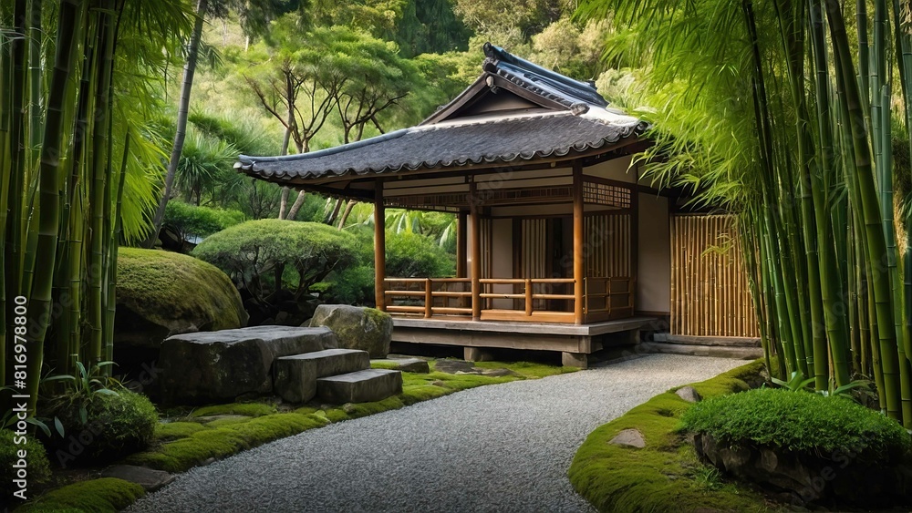 A traditional tea house nestled within a serene bamboo garden A traditional tea house nestled within a serene bamboo garden