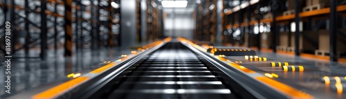 Wallpaper Mural 3D render of a black and orange conveyor belt in a warehouse, close up. The conveyor belt is rendered in the style of a realistic warehouse environment. Any Chinese characters have been removed from t Torontodigital.ca