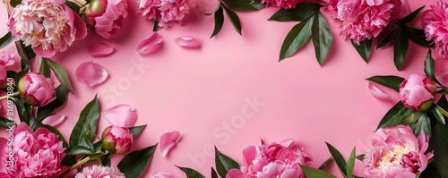 Frame made of beautiful peony flowers on a pink background. Flat lay, copy space, summer flowers, spring banner, birthday, mother's day, wedding