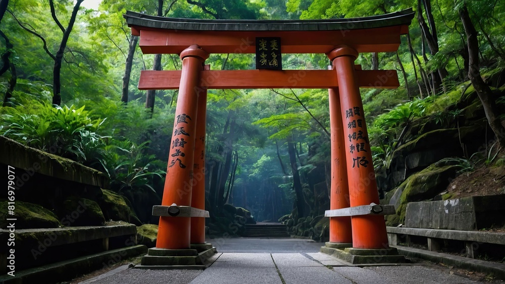 A torii gate adorned with intricate carvings and symbols in a serene forest setting. A torii gate adorned with intricate carvings and symbols in a serene forest setting.