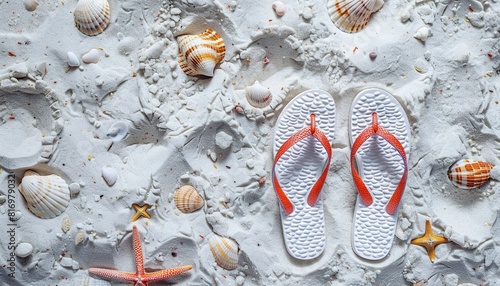 Women's flip-flops white sandy beach small colorful shells starfish concept of summer vacation copy space 4 photo