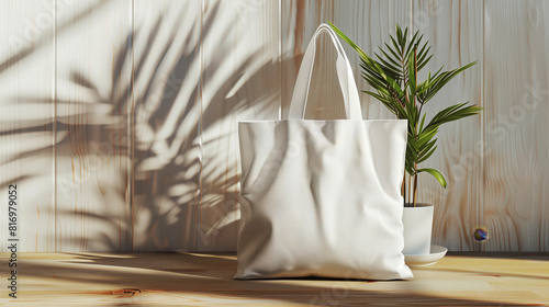 A mockup image featuring a white tote bag on a wooden surface with a potted plant in the background. The setting reflects natural light and shadows, creating a serene atmosphere.