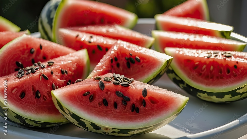 A tray of succulent watermelon slices their juicy pink A tray of succulent watermelon slices their juicy pink