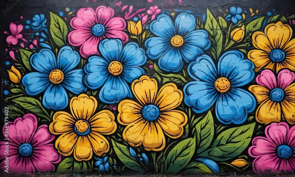 Graffiti blue, yellow and pink flowers. Drawing on the wall. Paint Graffiti blue, yellow and pink flowers. Drawing on the wall. Paint