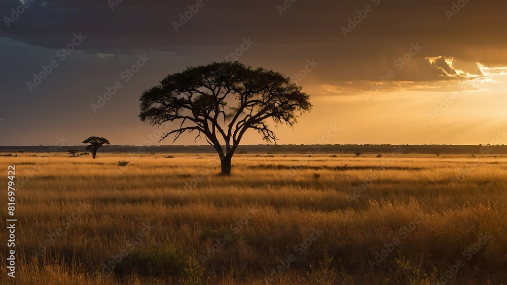 The setting sun casts a warm glow over the savannah