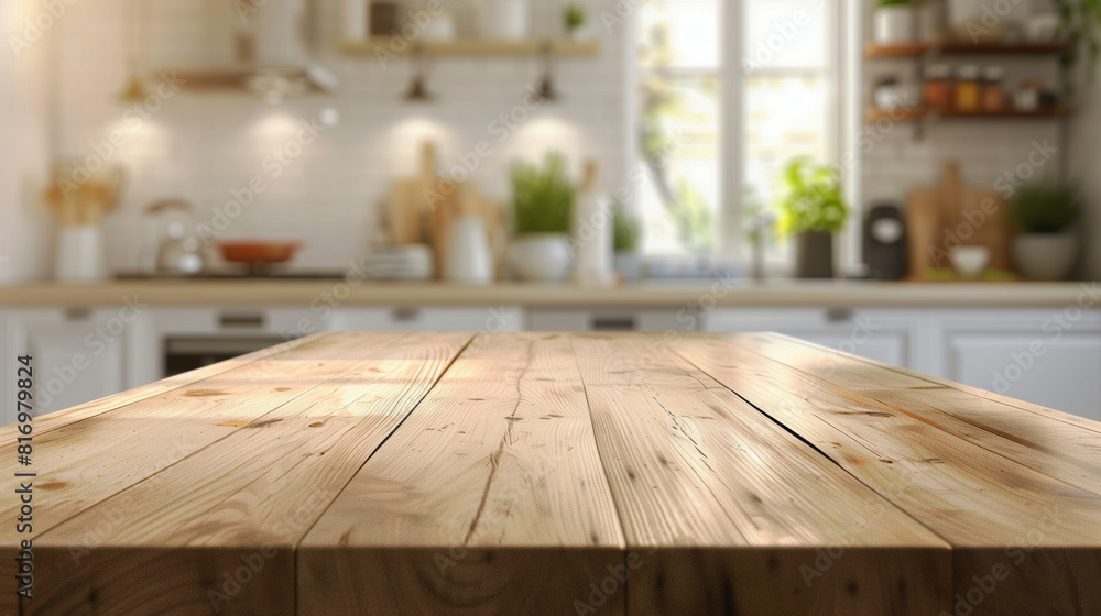 Wooden tabletop in a bright, modern kitchen with blurred background featuring kitchen utensils, plants, and cabinetry. Ideal for showcasing kitchen products. Wooden tabletop in a bright, modern kitchen with blurred background featuring kitchen utensils, plants, and cabinetry. Ideal for showcasing kitchen products.