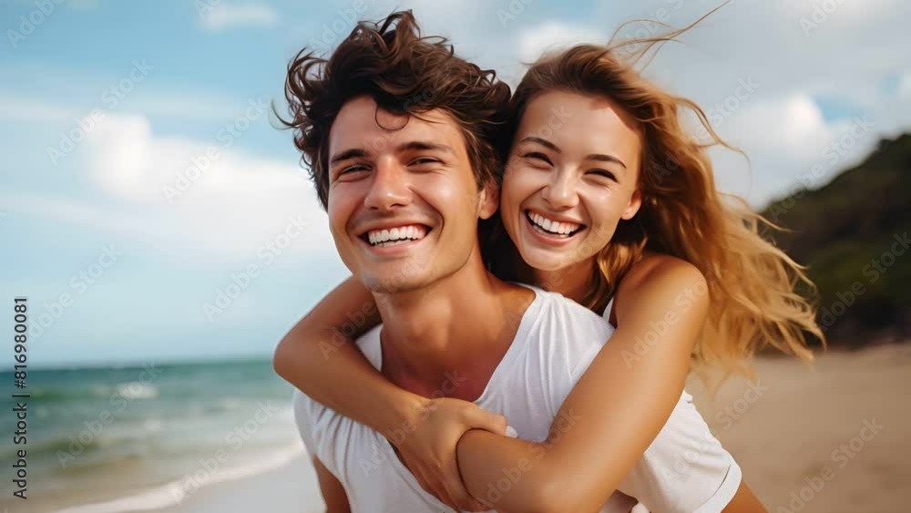 Portrait of smiling young couple on tropical beach , Summer , Holiday travel concept Portrait of smiling young couple on tropical beach , Summer , Holiday travel concept