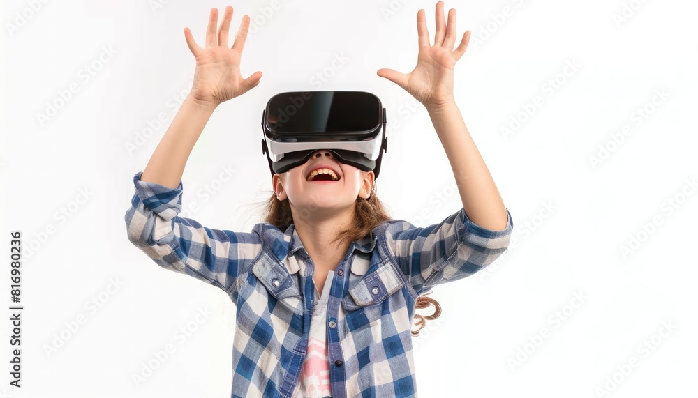 Beautiful Kid Experiencing Virtual Reality, Touching Air, Isolated on White Background Beautiful Kid Experiencing Virtual Reality, Touching Air, Isolated on White Background