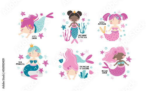 Vector set with cute mermaid girls and lettering. Set of postcards, posters with mermaids. Little girls princesses. Ocean. Sea. Underwater world. Baby girl. Nursery. Girly print. Under the sea.