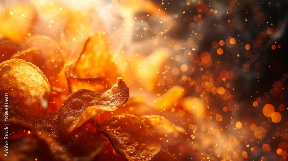 Spicy Potato Chips with Fire Background. Generative ai Spicy Potato Chips with Fire Background. Generative ai