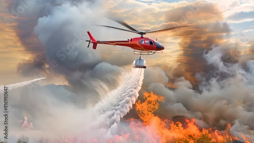 A helicopter carrying a large water bucket flies over a raging forest fire, releasing water to combat the flames below. photo