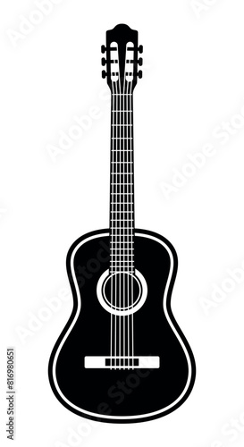 Acoustic guitar silhouette shape, black and white vector illustration of classical stringed musical instrument