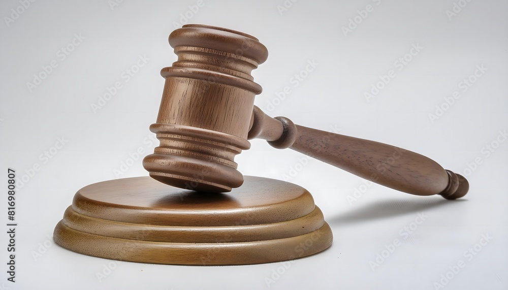 A realistic 3D model of a wooden judge's gavel resting on a sound block, in a white background