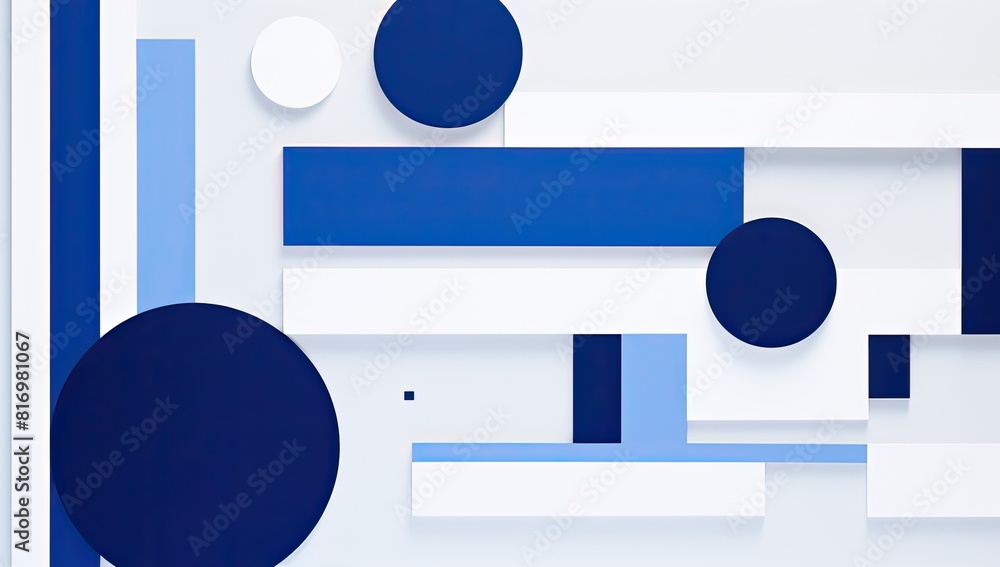 Obraz premium An abstract painting featuring blue and white hues, adorned with circles and squares