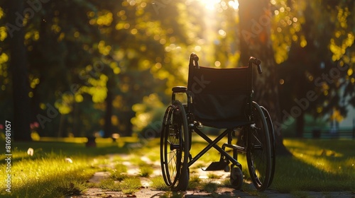 Wheelchair in an autumn park for disability awareness or healthcare designs © Yusif