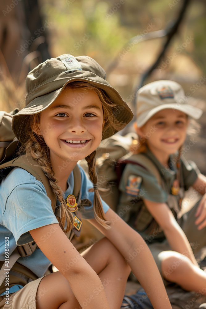 Girl and boy scouts sitting on the ground in summer camp. Young girlscout and boyscout in adventure gear including shorts, hiking boots and hat. Active leisure for kids in summer.