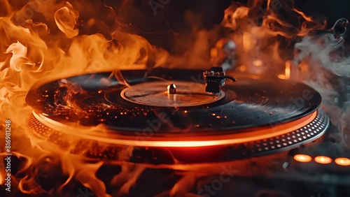 A turntable with a vinyl record playing amidst a warm, smoke-filled atmosphere with ambient lighting, suggesting a cozy, nostalgic, or intimate music listening experience. photo