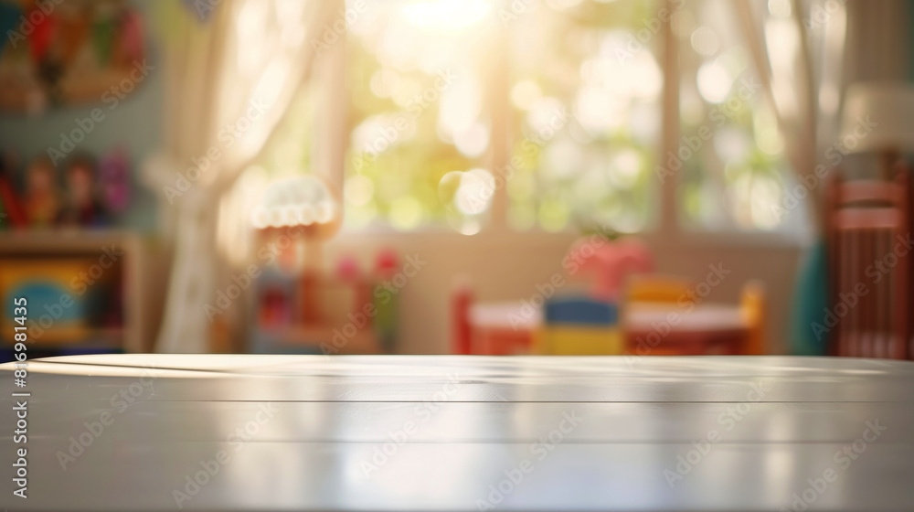 Wooden table surface in focus with a blurred background of a cozy, sunlit children's playroom featuring colorful toys and decorations.
