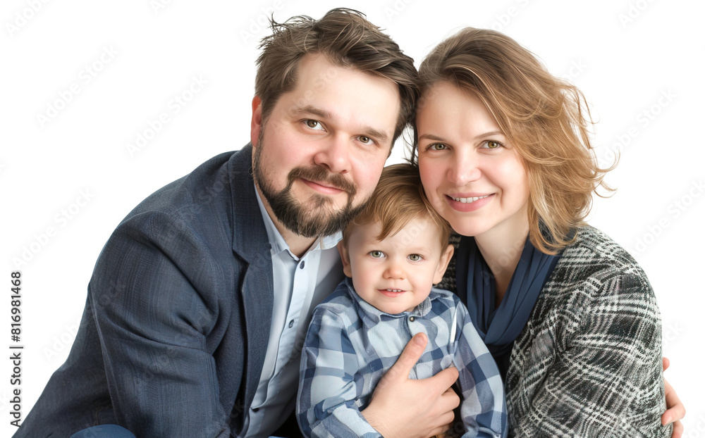 Caucasian family of three with couple in their forties with a baby boy. Isolated over transparent background