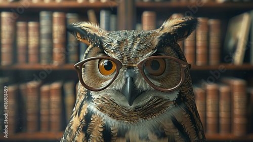 An owl wearing professorial glasses, lecturing in an old library, portraying the concept of wisdom and education, focus on the owls wise gaze, academic theme, ethereal, Manipulation, against a backdro photo