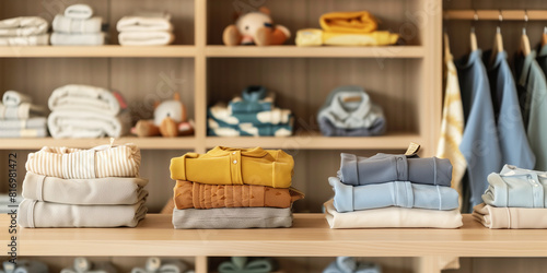 Neat stacks of folded clothes on the shop shelves. Nature colored shirts  blouses and sweaters in a neatly organized clothing store.