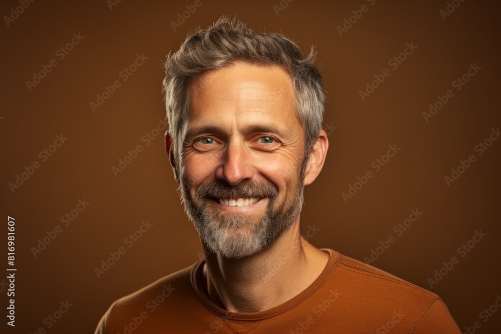 Portrait of a joyful man in his 40s smiling at the camera on soft brown background Portrait of a joyful man in his 40s smiling at the camera on soft brown background
