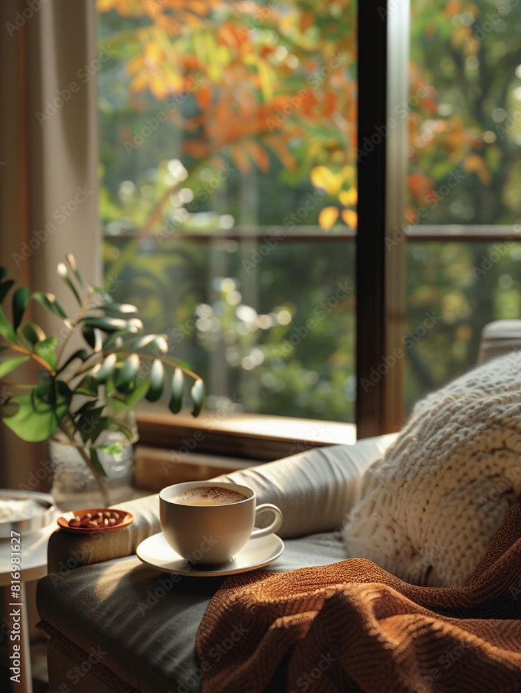 Cozy autumn morning with a cup of coffee by the window, surrounded by warm blankets and a view of fall foliage Cozy autumn morning with a cup of coffee by the window, surrounded by warm blankets and a view of fall foliage