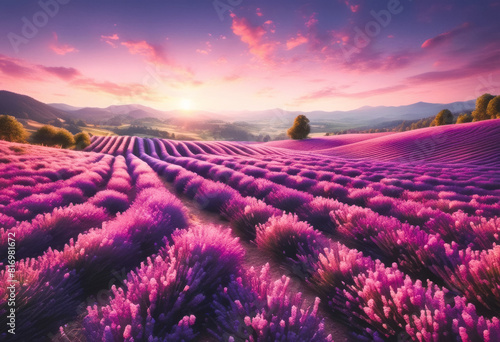 A vibrant lavender field under a majestic sunset  with rich purple hues blending into a stunning sky of pink and orange  set against a backdrop of distant mountains and rolling hills.