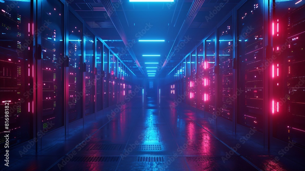 The dark futuristic sci-fi corridor with bright neon lights The dark futuristic sci-fi corridor with bright neon lights