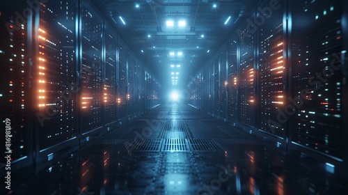 The dark futuristic sci-fi corridor with bright lights