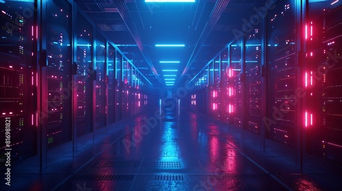 The dark futuristic sci-fi corridor with bright neon lights