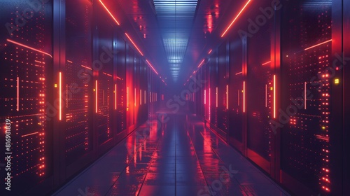 The dark futuristic sci-fi corridor with red glowing lights
