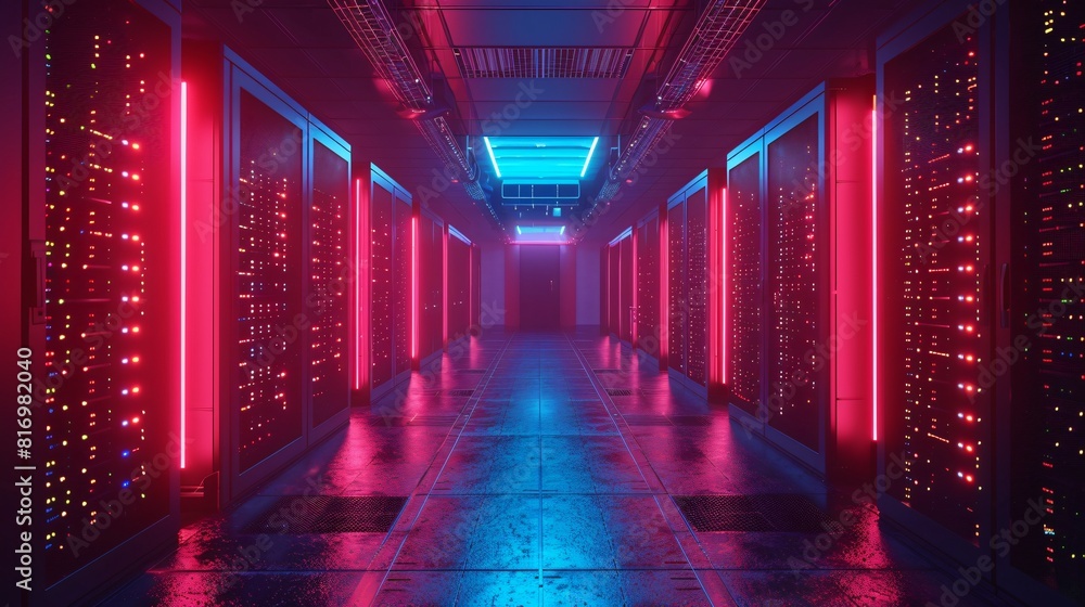 The dark server room with red and blue lights