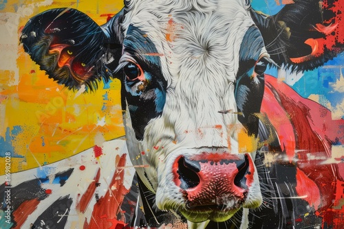 Closeup of a colorful cow graffiti with expressive eyes painted on a textured city wall