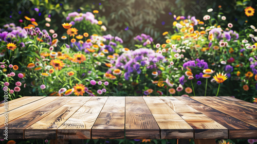 A rustic wooden table is set in front of a vibrant, blurred flower garden. The rich wood grain contrasts with the vivid colors of the flowers, creating a warm and inviting scene.