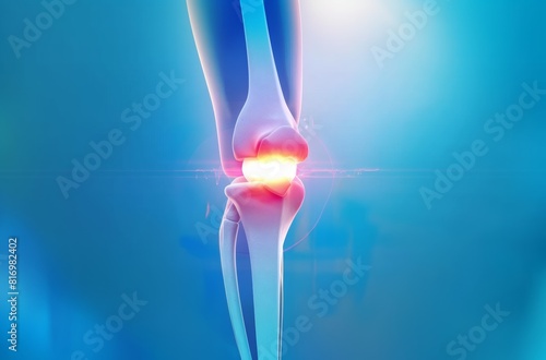 A glowing blue and white knee pain joint on an isolated background