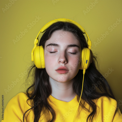 Uma jovem ouve música em fones de ouvido amarelos com os olhos fechados. photo