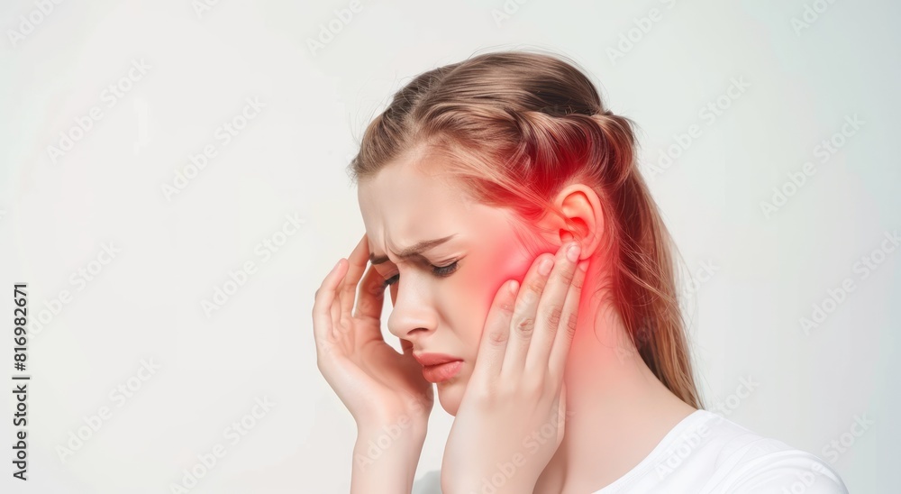 A young woman with ear pain against on a white background A young woman with ear pain against on a white background