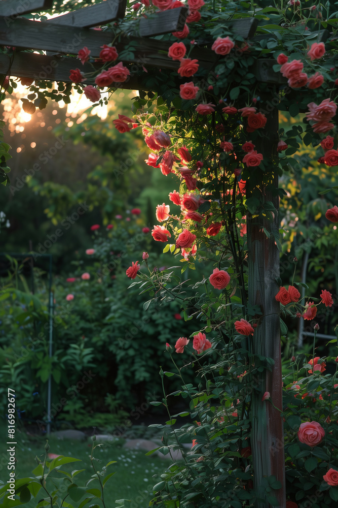 Fototapeta premium Lush well-maintained summer garden with an arbor covered in climbing roses in evening light.