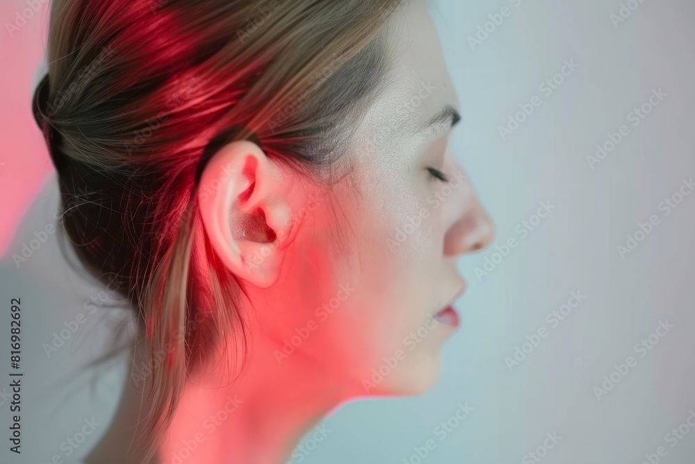 A close up of a woman with ear pain and red coloring on the skin A close up of a woman with ear pain and red coloring on the skin
