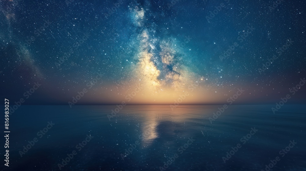 starry night sky reflected in a still ocean, 