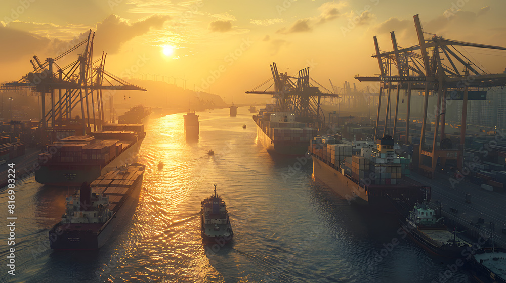 Busy transport with cranes loading and unloading containers from multiple ships docked at the harbor. Busy transport with cranes loading and unloading containers from multiple ships docked at the harbor.