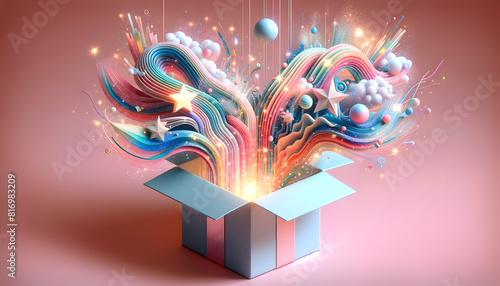 concept of innovation, featuring a minimalist design with a box and pastel-colored stars emerging from it. The scene captures the essence of new ideas and creativity.