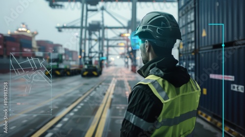 Create an image of logistics personnel using augmented reality (AR) for training in cargo handling operations, with holographic guides and interactive instructions 