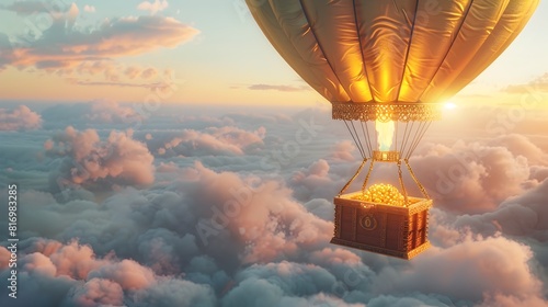 TreasureFilled Hot Air Balloon Soaring Toward the Sunset Horizon at Dusk photo