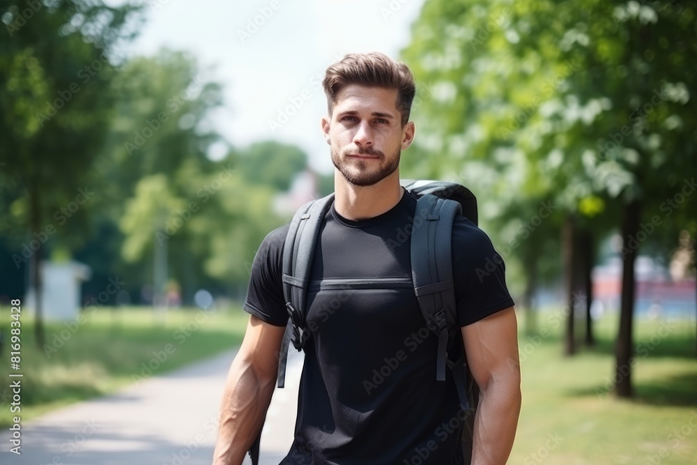 An athletic young man with a backpack is doing sports in a city park. Rucking, weighted backpack walking. An athletic young man with a backpack is doing sports in a city park. Rucking, weighted backpack walking.