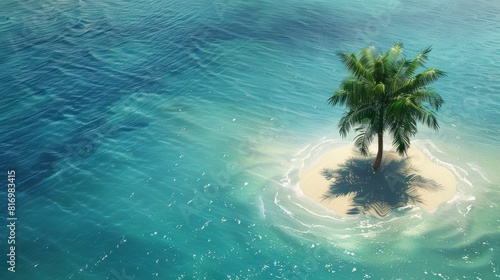 a turquoise ocean  with a single palm tree on the beach. 